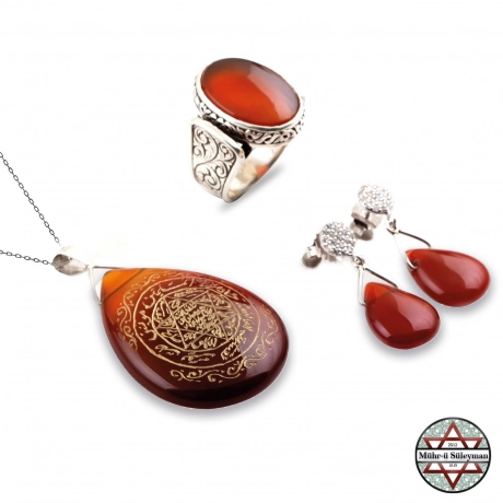 Tamamı EL Yazması - Mührü Süleyman Kızıl Akik Taşlı Set 