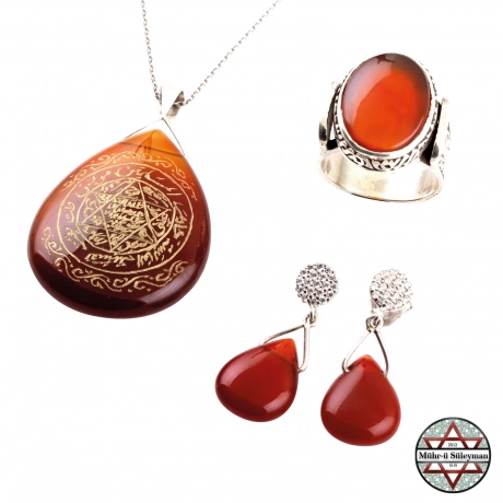 Tamamı EL Yazması - Mührü Süleyman Kızıl Akik Taşlı Set 