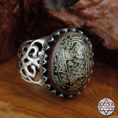 Süleyman-i Göz Akik Taşı Üzerine El Yazması Mührü Süleyman Gümüş Yüzük