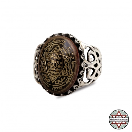 Süleyman-i Göz Akik Taşı Üzerine El Yazması Mührü Süleyman Gümüş Yüzük