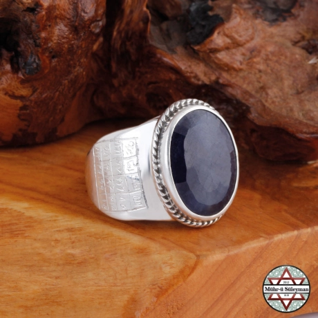 Orjinal SAFİR Taşlı Sağında ve Solunda Vefkli 925 Ayar Gümüş Yüzük