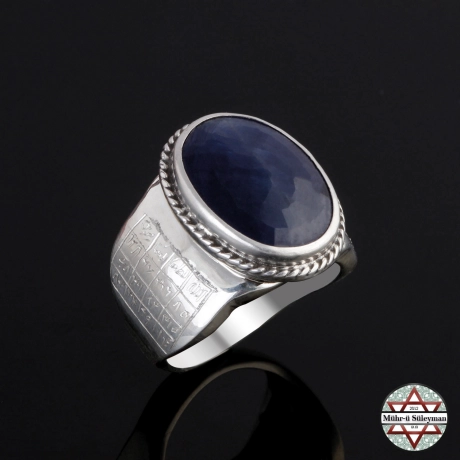 Orjinal SAFİR Taşlı Sağında ve Solunda Vefkli 925 Ayar Gümüş Yüzük