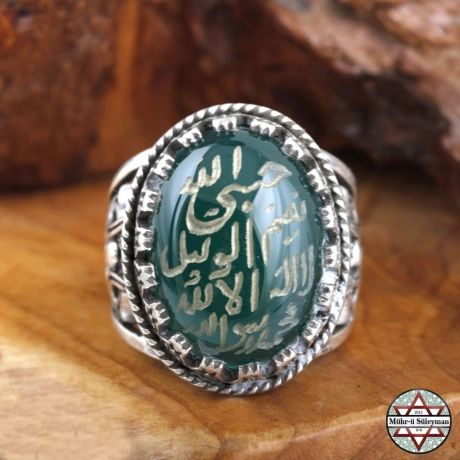 Hasbinallah ve Nimel Vekil Yazılı Yeşil Akik Taşlı Gümüş Yüzük
