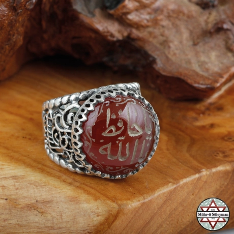 Ya Hafız Ya ALLAH Yazılı Kızıl Akik Taşlı Gümüş Yüzük