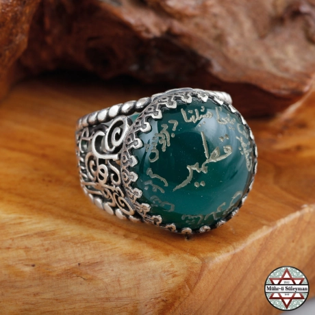 KİTMİR Duası Yazılı Yeşil Akik Taşlı 925 Ayar Gümüş Yüzük