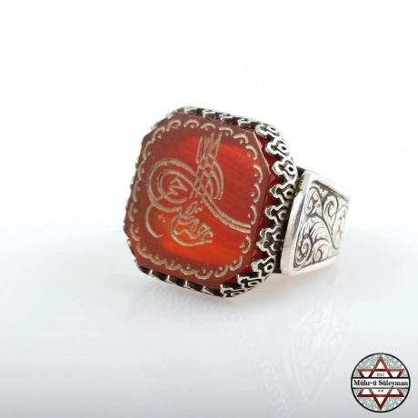 Doğal Akik Taşlı Tuğra İşlemeli 925 Ayar Gümüş Yüzük