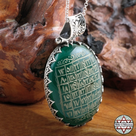 Ayetel Kürsi Vefki Tamamı EL Yazması Yeşil Akik Taşlı Gümüş Kolye