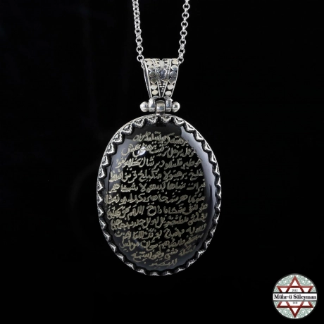 Fetih Süresi Yazılı  Tamamı EL Yazması Akik Taşlı Gümüş Kolye