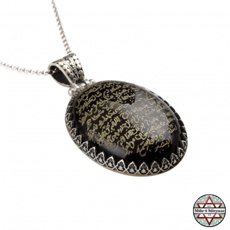 Fetih Süresi Yazılı  Tamamı EL Yazması Akik Taşlı Gümüş Kolye