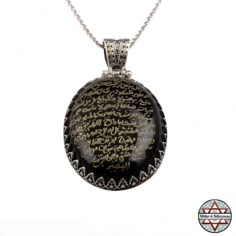 Fetih Süresi Yazılı  Tamamı EL Yazması Akik Taşlı Gümüş Kolye