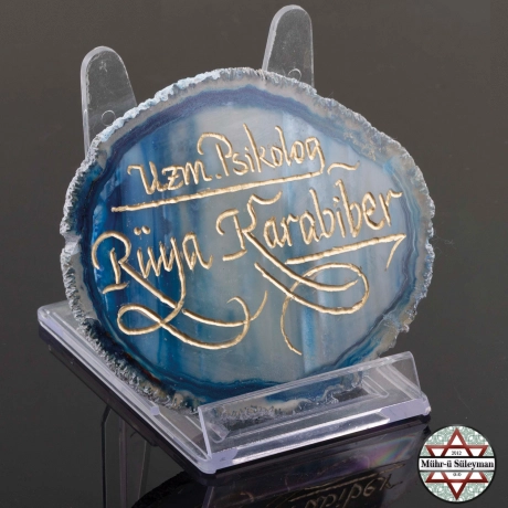 Mavi Akik Taşı Üzerine HEDİYELİK Kişiye Özel Hat Yazılı Masa Üstü İsimlik 