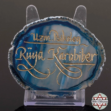 Mavi Akik Taşı Üzerine HEDİYELİK Kişiye Özel Hat Yazılı Masa Üstü İsimlik 