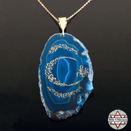 Kelim-i Tevhit Mavi Akik Taşlı Tamamı EL Yazması Kolye