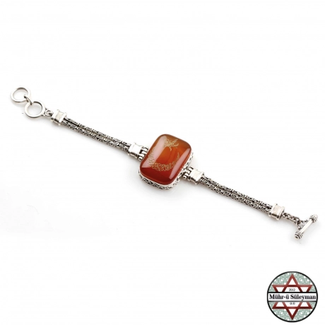 Kelim-i Tevhit ve Besmeleyi Şerif Hat İşlemeli Akik Taşlı Gümüş Bileklik