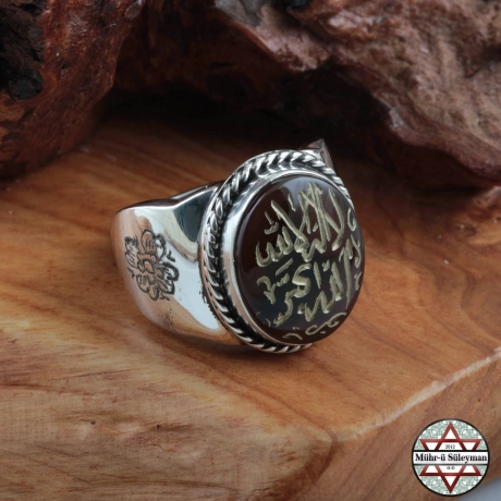 La ilahe illallah Allahu Ekber Yazılı Yemen Akik Taşlı 925 Ayar Gümüş Yüzük
