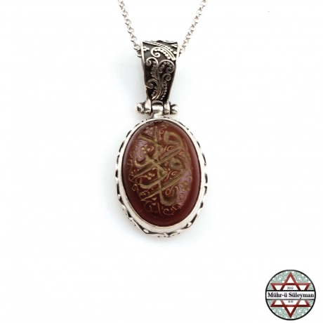 YA VEDÜD Yazılı Kızıl Akik Taşlı 925 Ayar Gümüş Kolye