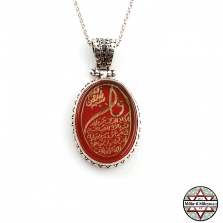 Tamamı El Yazması Nazar Ayetli Kızıl Akik Taşlı Gümüş Kolye