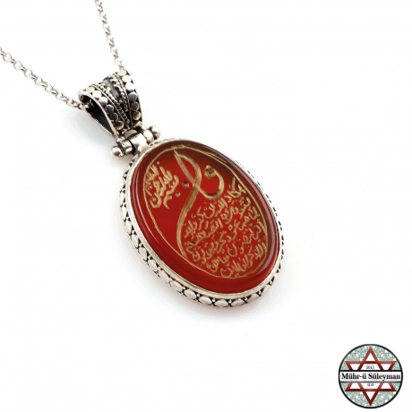 Tamamı El Yazması Nazar Ayetli Kızıl Akik Taşlı Gümüş Kolye