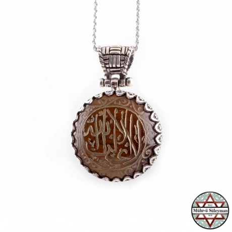 Lâ gâlibe illallah Yazılı Kaplan Gözü Taşlı Gümüş Kolye