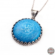 NAZAR Duası Yazılı Ortasında ALLAH MUHAMMED Yazılı Turkuaz Taşlı Gümüş Kolye