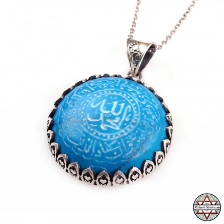 NAZAR Duası Yazılı Ortasında ALLAH MUHAMMED Yazılı Turkuaz Taşlı Gümüş Kolye