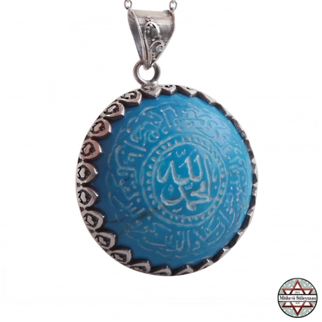 NAZAR Duası Yazılı Ortasında ALLAH MUHAMMED Yazılı Turkuaz Taşlı Gümüş Kolye