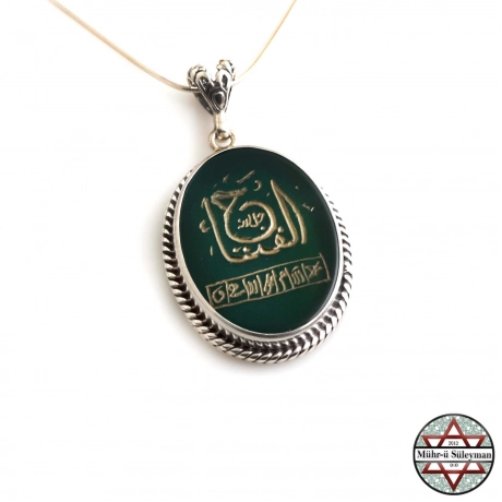 EL-FETTAH ve İsmi Azam Yazılı Yeşil Akik Taşlı Gümüş Kolye