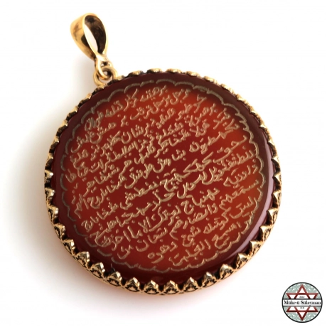 Akik Taşlı Esma-i Berhetiyye Altın Kaplama Gümüş Kolye