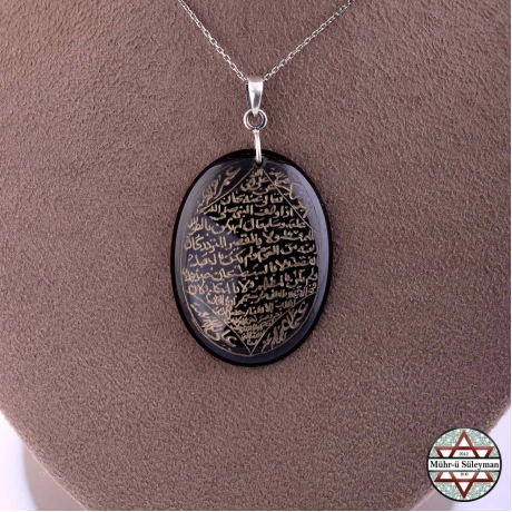 Önünde Hilye-i Şerif Arkası Mührü Süleyman Siyah Akik Taşlı Kolye