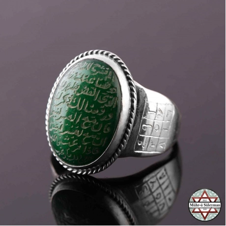 Yeşil Akik Taşlı İhlas Suresi Yazılı Gümüş Yüzük