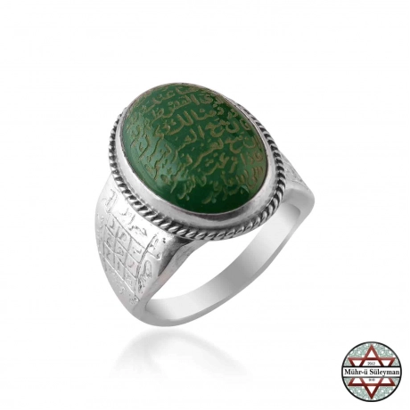 Yeşil Akik Taşlı İhlas Suresi Yazılı Gümüş Yüzük
