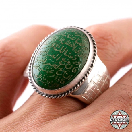 Yeşil Akik Taşlı İhlas Suresi Yazılı Gümüş Yüzük