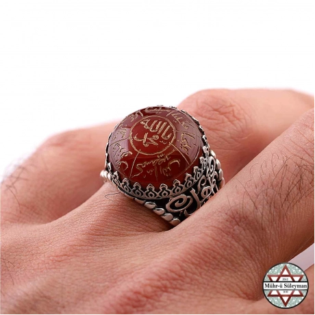 El Yazması Akik Taşlı Ashabı Kehf İsimleri  925 Ayar Gümüş Yüzük