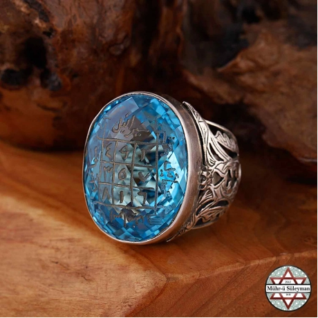 İyi Kalite Blue Topaz Taşlı Gazali Kemal'e Vefki 925 Ayar Gümüş Yüzük