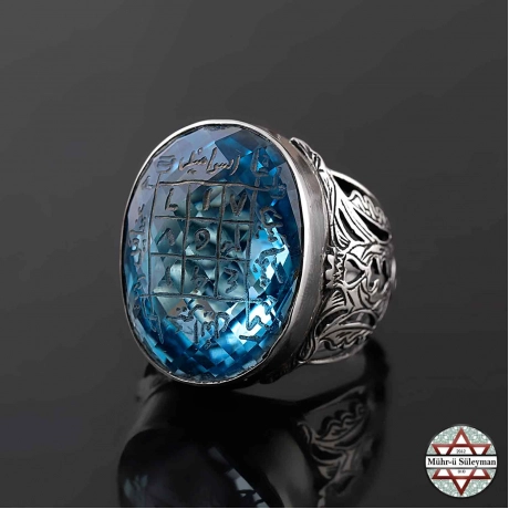 İyi Kalite Blue Topaz Taşlı Gazali Kemal'e Vefki 925 Ayar Gümüş Yüzük