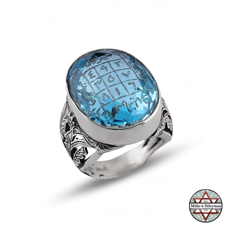 İyi Kalite Blue Topaz Taşlı Gazali Kemal'e Vefki 925 Ayar Gümüş Yüzük