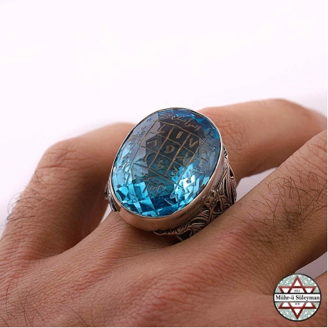 İyi Kalite Blue Topaz Taşlı Gazali Kemal'e Vefki 925 Ayar Gümüş Yüzük