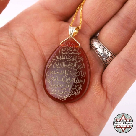 Damla Akik Taşlı El Yazısı Fatiha Suresi Yazılı 925 Ayar Gümüş Kolye