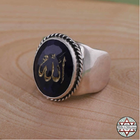 ALLAH Yazılı 925 Ayar Gümüş Doğal Safir Taşlı  Erkek Yüzük