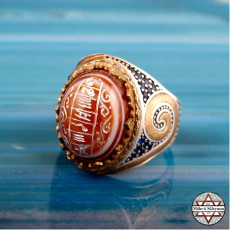 Göz Akik Taşlı İsmi Azam YAZILI 925 Ayar Gümüş Yüzük