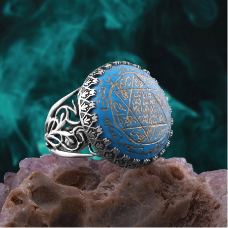 925 Ayar Gümüş Doğal Firuze Taşı El Yazması Mührü Süleyman Yüzük