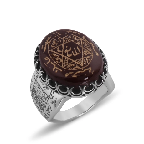  6 Köşe Mührü Süleyman Koruma Vefkli Yemen Akik Taşlı Gümüş Yüzük