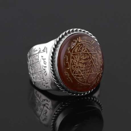 Elde Kazıma İşçiliği Süleyman Mührü Akik Taşı Gümüş Yüzük 