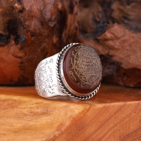 Elde Kazıma İşçiliği Süleyman Mührü Akik Taşı Gümüş Yüzük 