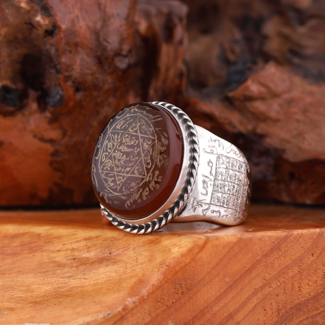 Elde Kazıma İşçiliği Süleyman Mührü Akik Taşı Gümüş Yüzük 