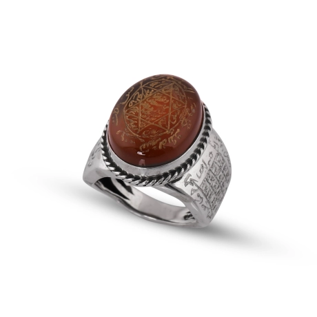 Elde Kazıma İşçiliği Süleyman Mührü Akik Taşı Gümüş Yüzük 