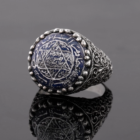 Lapis Lazuli Taşlı Tamamı El Yazması  Mührü Süleyman Yüzük 