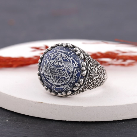 Lapis Lazuli Taşlı Tamamı El Yazması  Mührü Süleyman Yüzük 