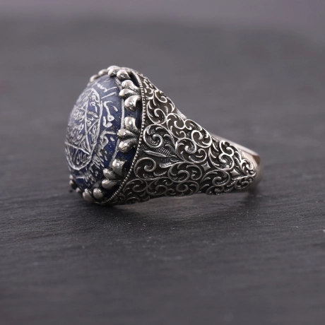 Lapis Lazuli Taşlı Tamamı El Yazması  Mührü Süleyman Yüzük 