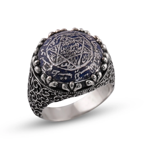 Lapis Lazuli Taşlı Tamamı El Yazması  Mührü Süleyman Yüzük 